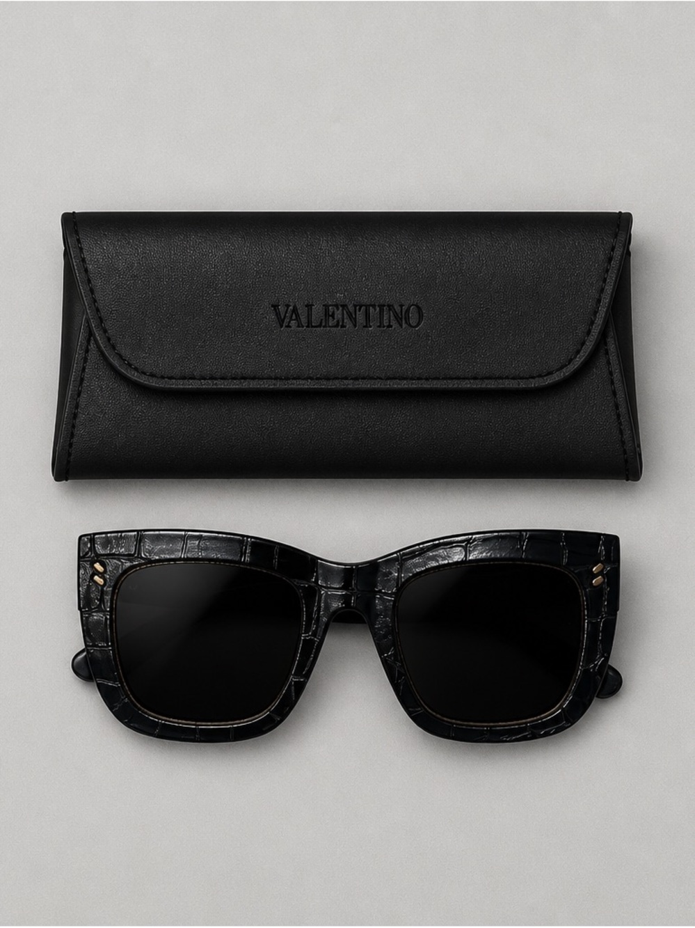 Valentino Black Croc-Embossed Square Sunglasses with Case